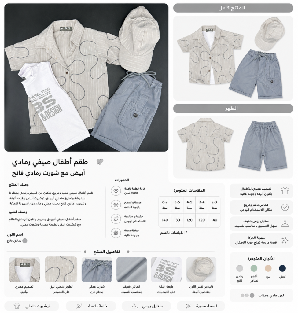 طقم أطفال صيفي كاجوال مع كاب – 4 ألوان - صورة 4