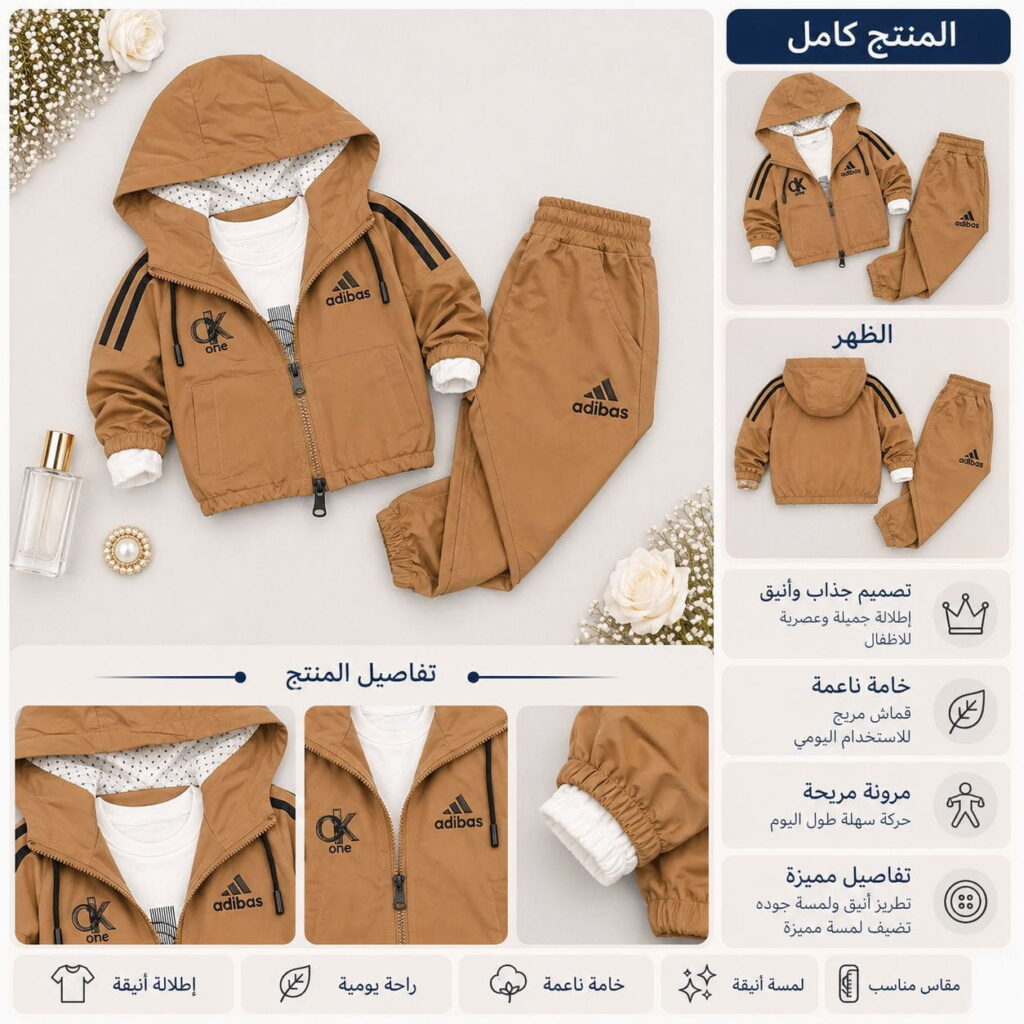 طقم أطفال رياضي بقبعة 3 قطع – جاكيت وبنطال مع كنزة بيضا - صورة 4