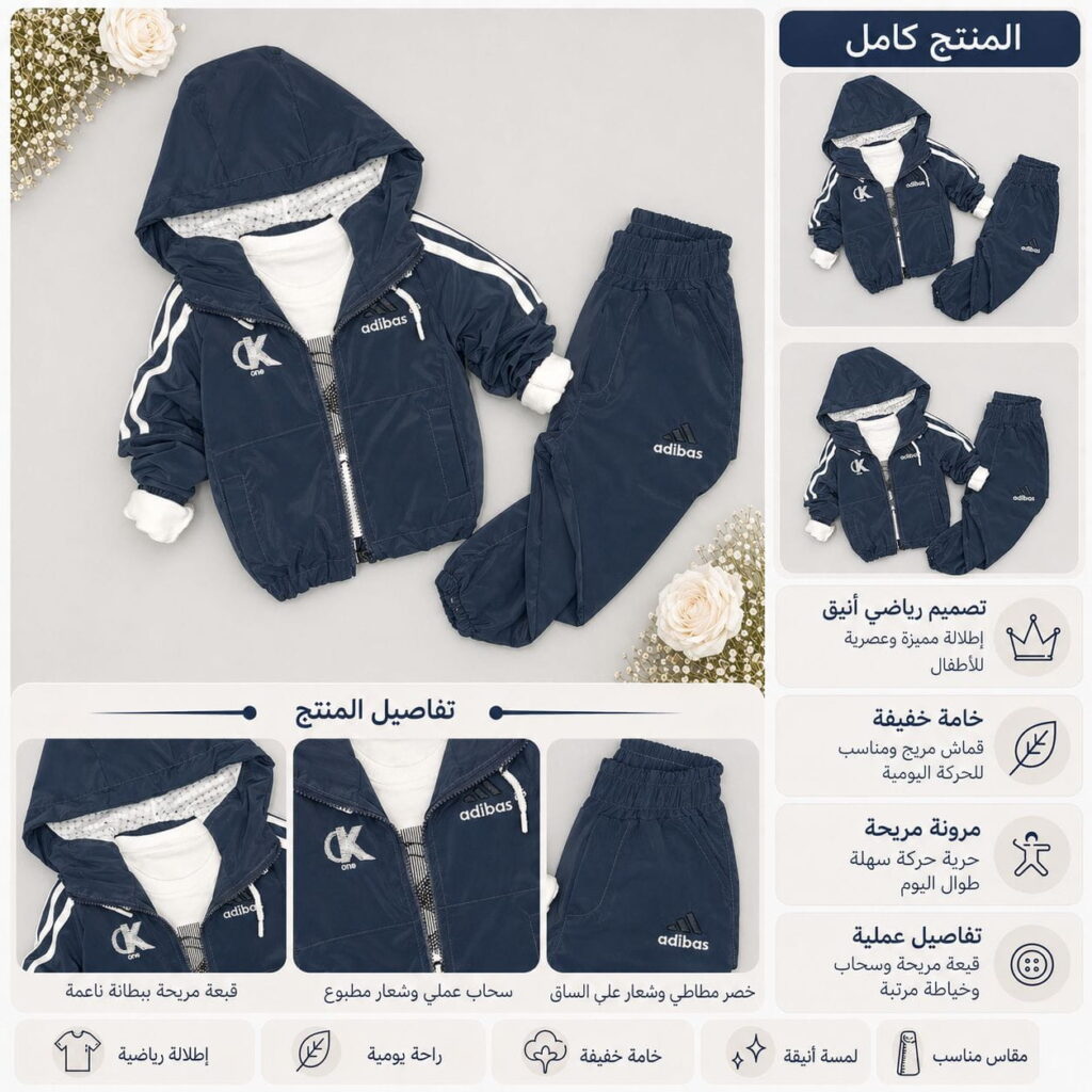 طقم أطفال رياضي بقبعة 3 قطع – جاكيت وبنطال مع كنزة بيضا - صورة 1