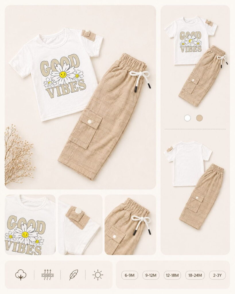 طقم بناتي ب ب صيفي Good Vibes قطعتين - صورة 2
