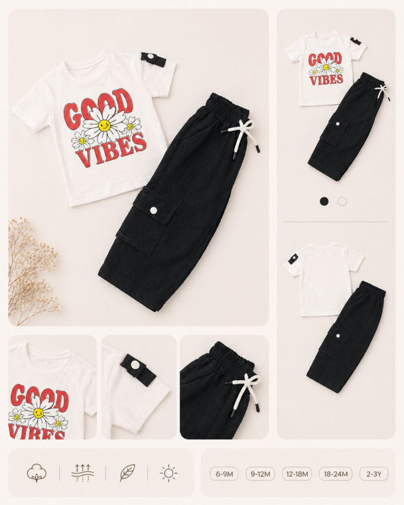 طقم بناتي ب ب صيفي Good Vibes قطعتين - صورة 3