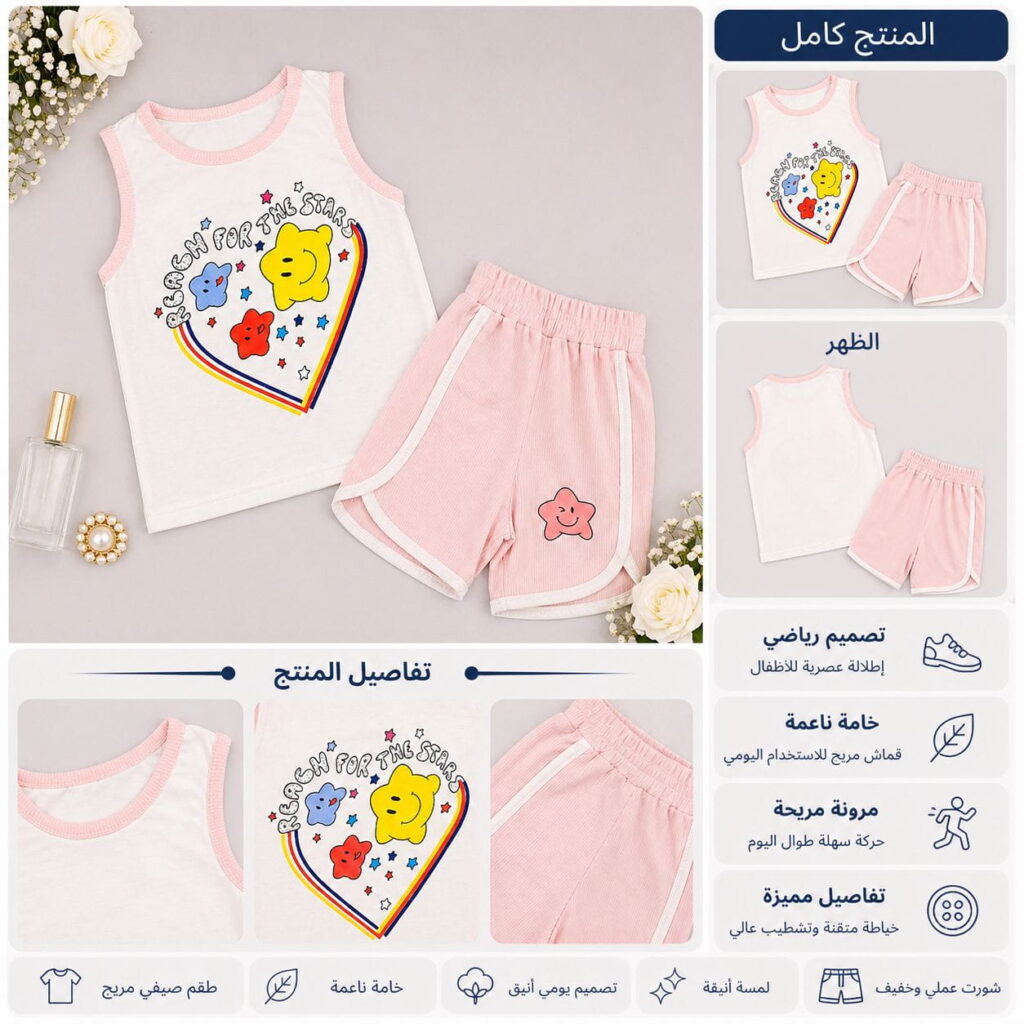 طقم شورت بناتي ب ب صيفي Reach For The Stars قطعتين - صورة 1
