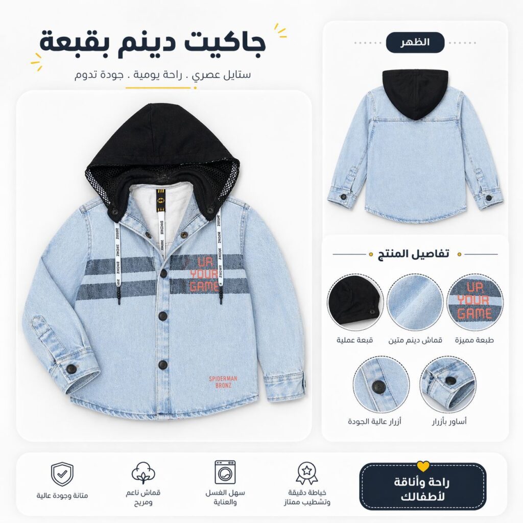 جاكيت أطفال جينز بقبعة – ستايل عصري - صورة 1