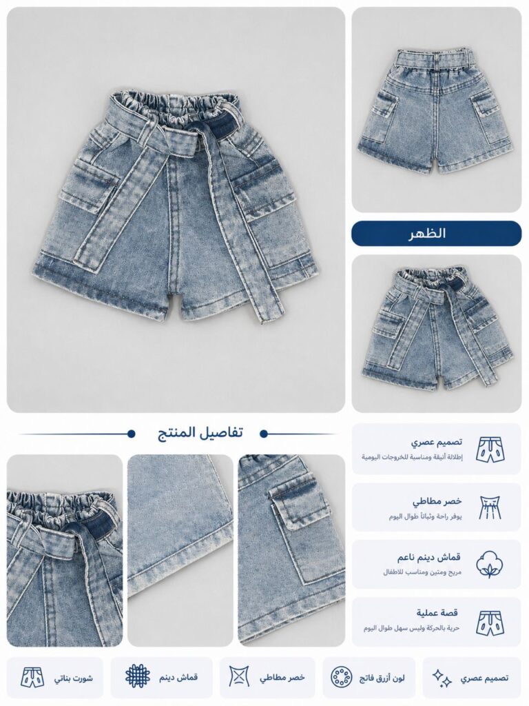 شورت جينز بناتي أزرق فاتح بخصر مطاطي - صورة 1