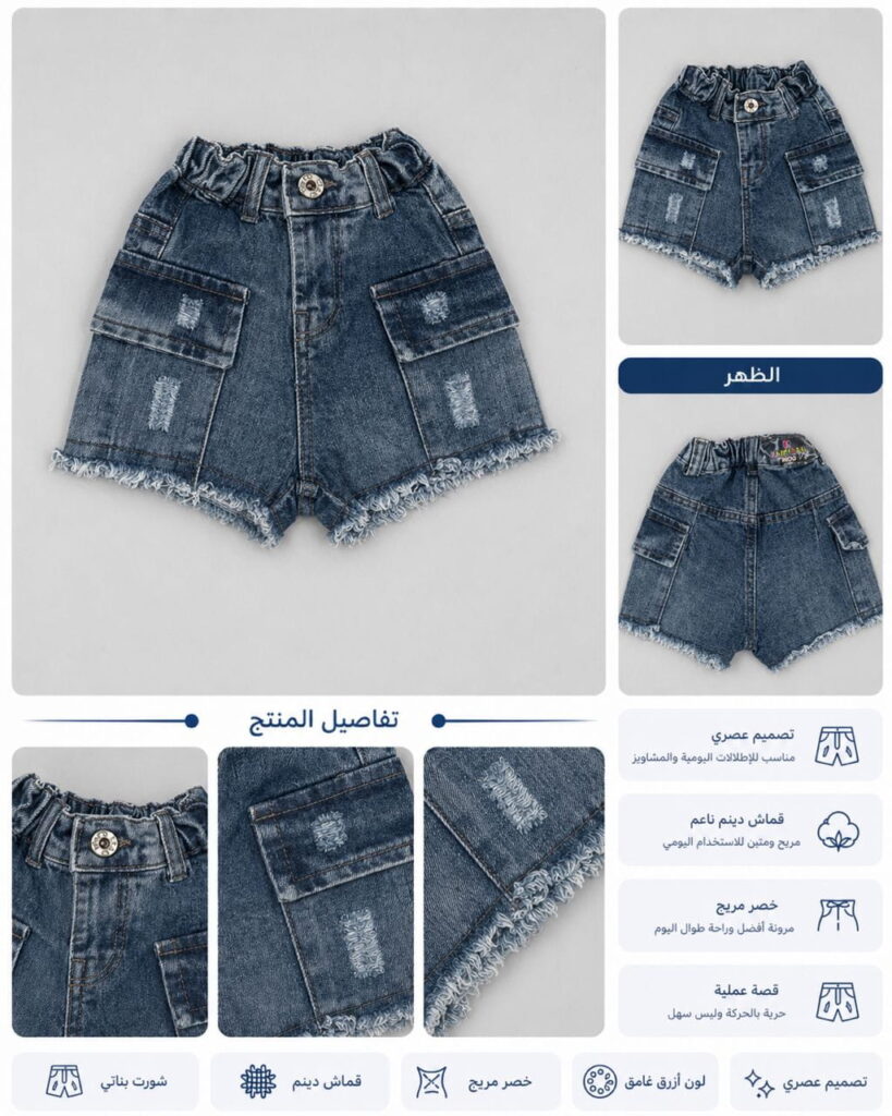 شورت جينز بناتي أزرق غامق بجيوب جانبية - صورة 1