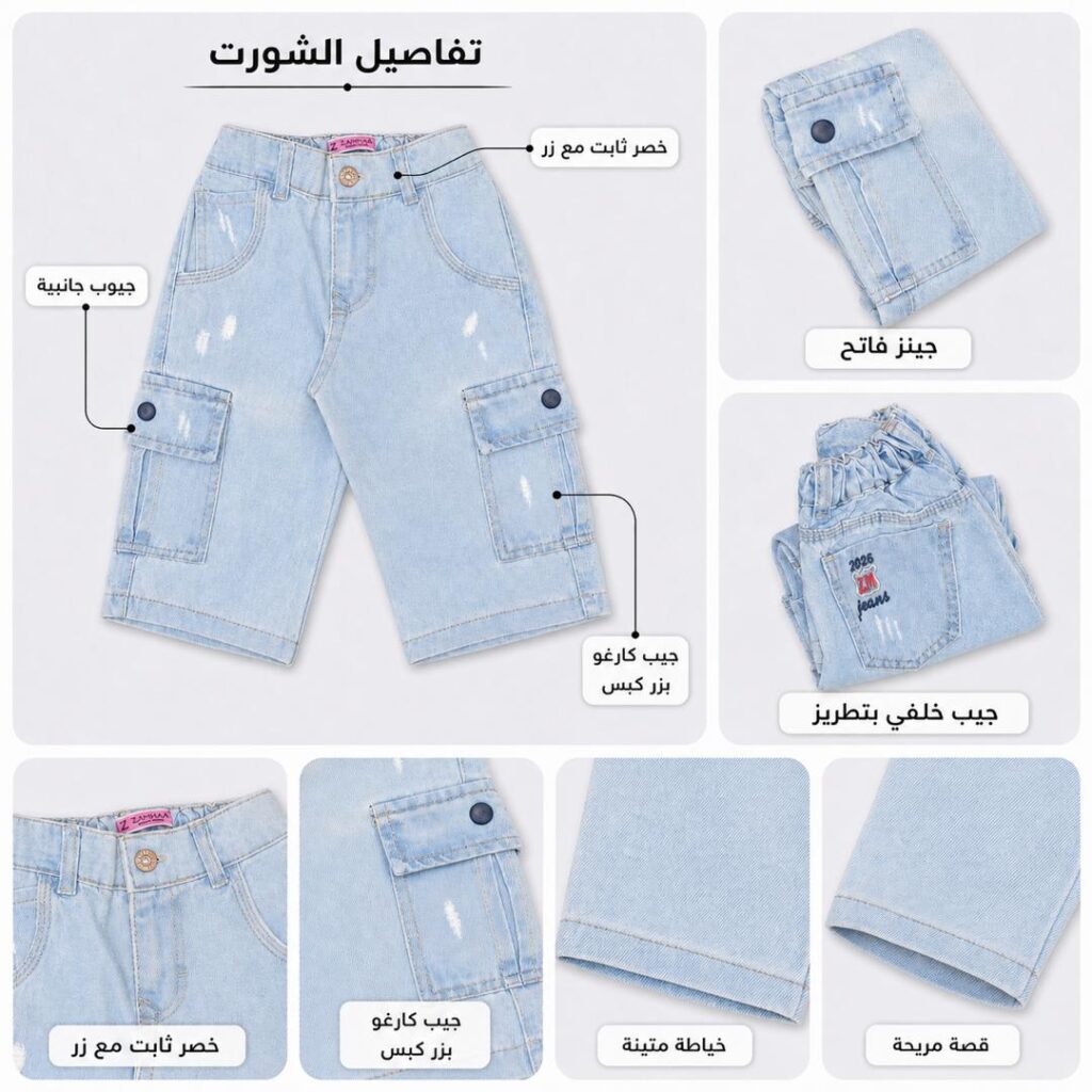 شورت جينز أطفال وسط + محير كارجو أزرق فاتح - صورة 1