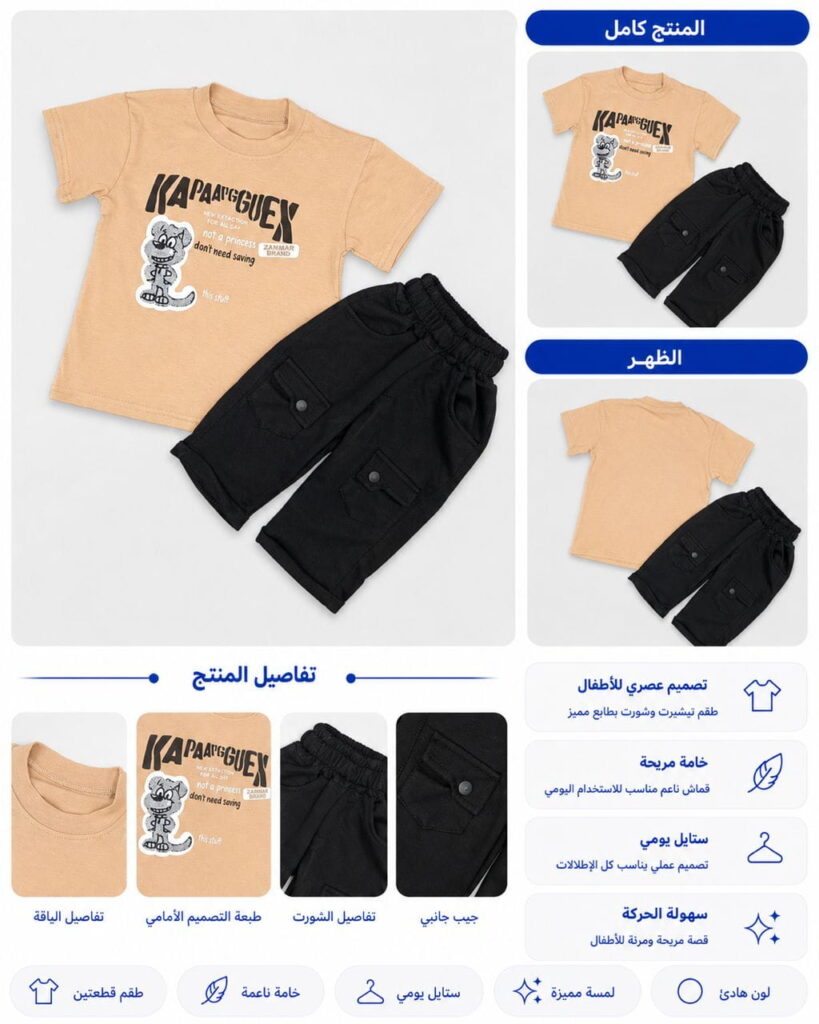 طقم أطفال ب ب + وسط صيفي قطعتين KAPAANGUEX – تيشيرت + شورت - صورة 3