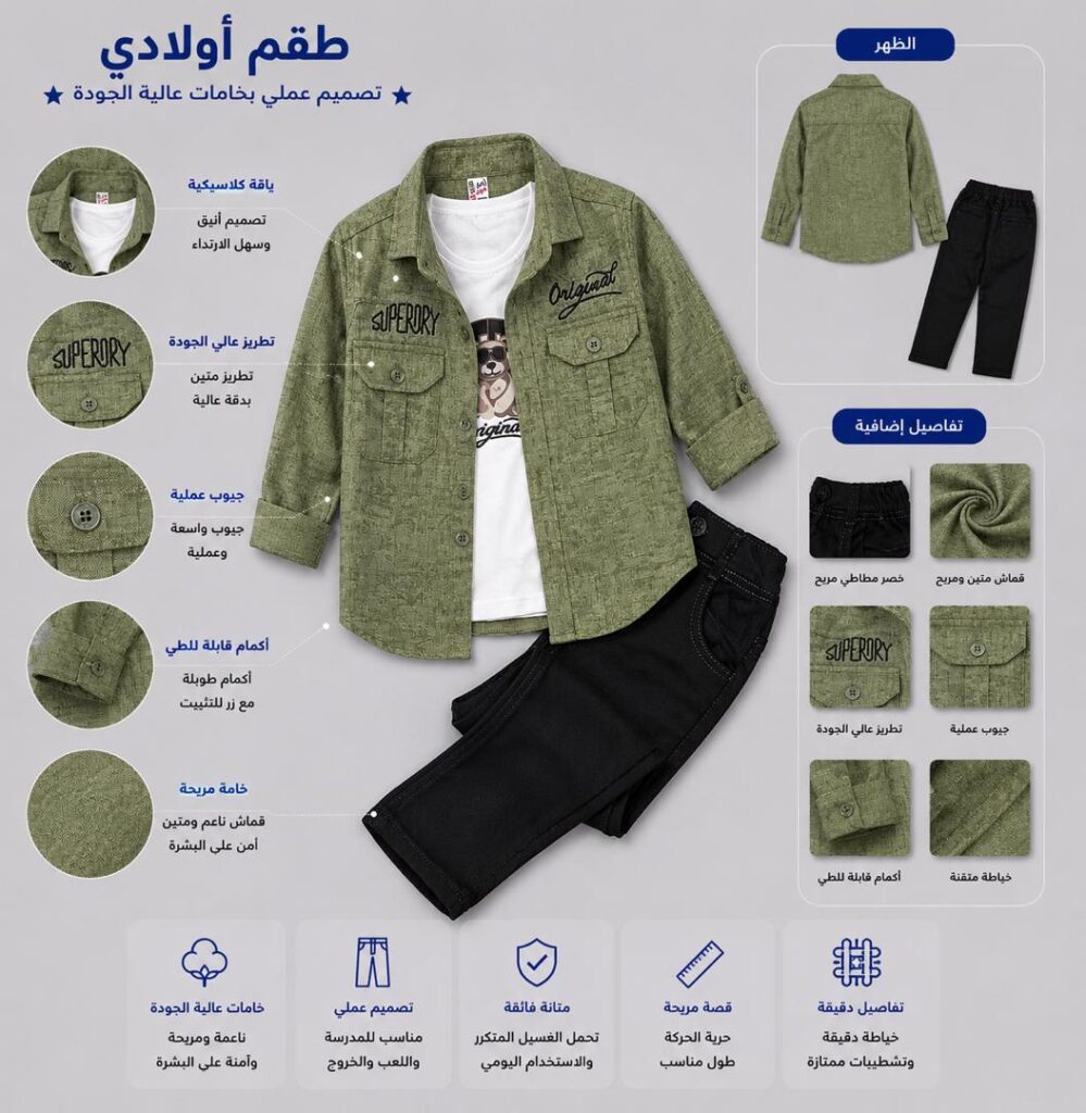 طقم أطفال وسط كاجوال ثلاثي – قميص بنقشة عصرية + تيشيرت داخلي + بنطلون - صورة 2