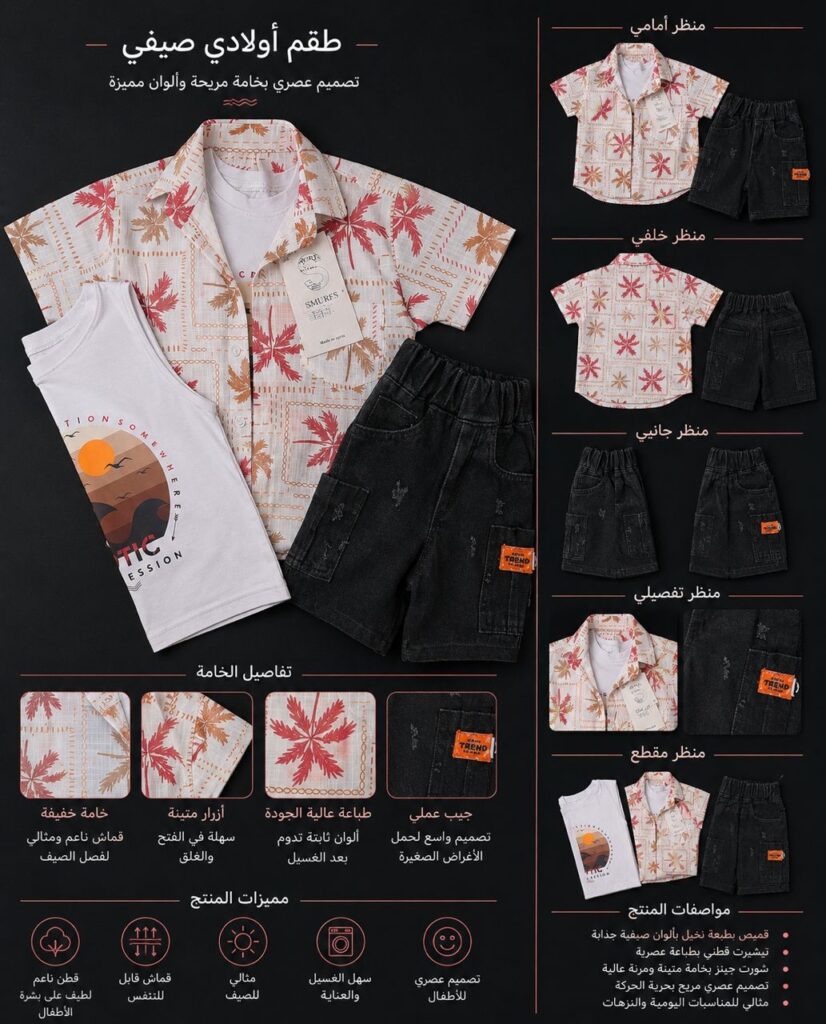 طقم أولادي صيفي Summer Vibes – قميص مطبع مع تيشيرت وشورت جينز - صورة 3