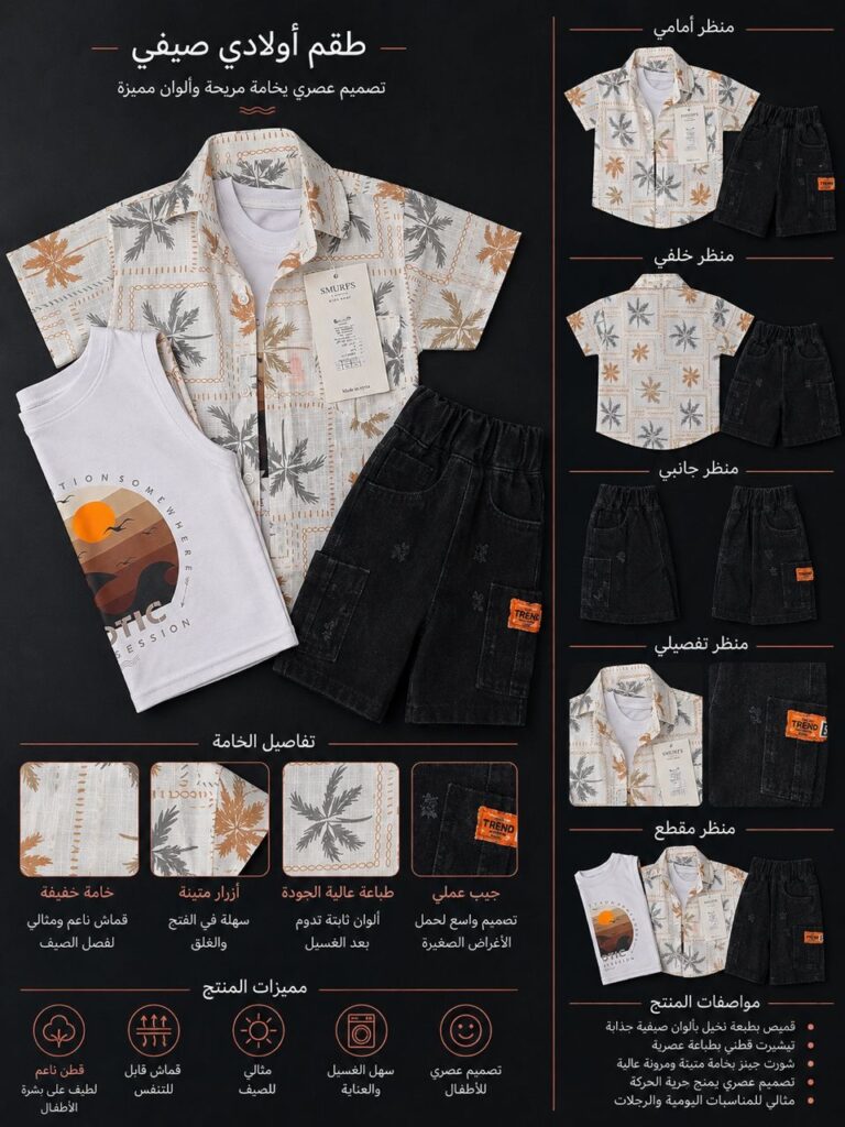 طقم أولادي صيفي Summer Vibes – قميص مطبع مع تيشيرت وشورت جينز - صورة 4