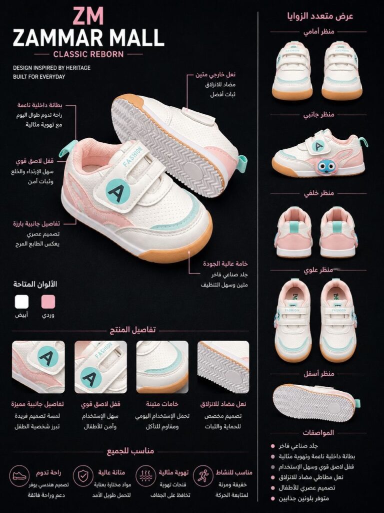 حذاء أطفال Fashion Sport اللاصق - أبيض وردي - صورة 1