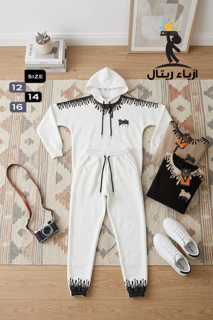 بيجامة قطن فليس تركي محير / ابيض,اسود,شوكو, - صورة 1